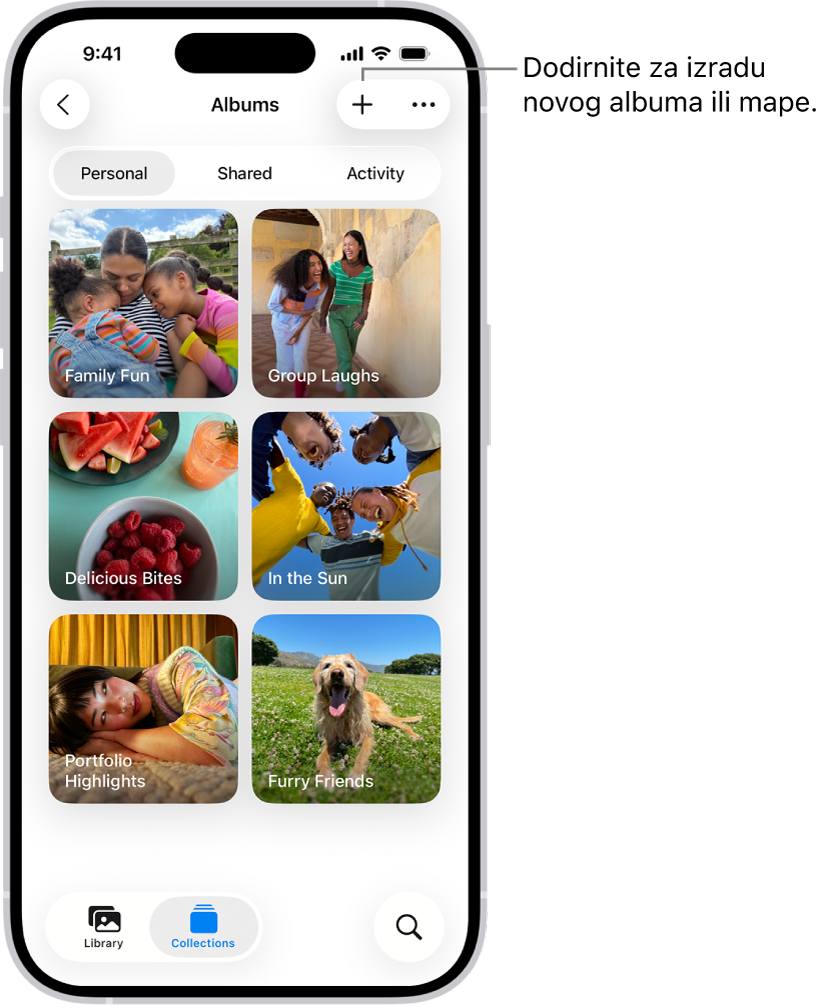 Kolekcija Albumi u aplikaciji Foto. Rešetka albuma nalazi se na zaslonu. Pri vrhu zaslona, slijeva na desno, nalaze se tipke Natrag, Novi album i Više. Ispod se nalaze tipke za prikaz albuma prema opcijama Osobno, Dijeljeno ili Aktivnost. Pri dnu zaslona, slijeva na desno, nalaze se tipke Medijateka, Kolekcije i Pretraži.