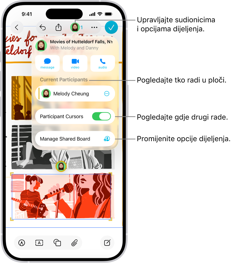Dijeljena Freeform ploča na iPhoneu s otvorenim izbornikom za suradnju.