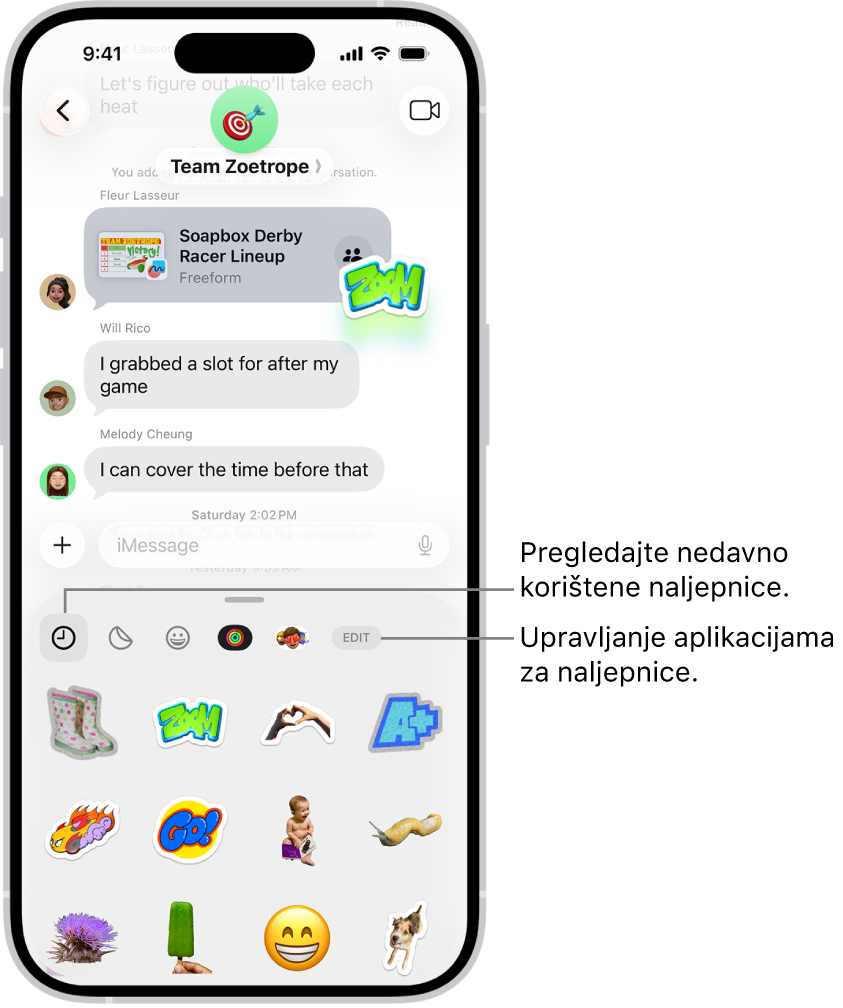 Naljepnice se prikazuju ispod razgovora. Svaka tipka na vrhu kartice otvara paket naljepnica.