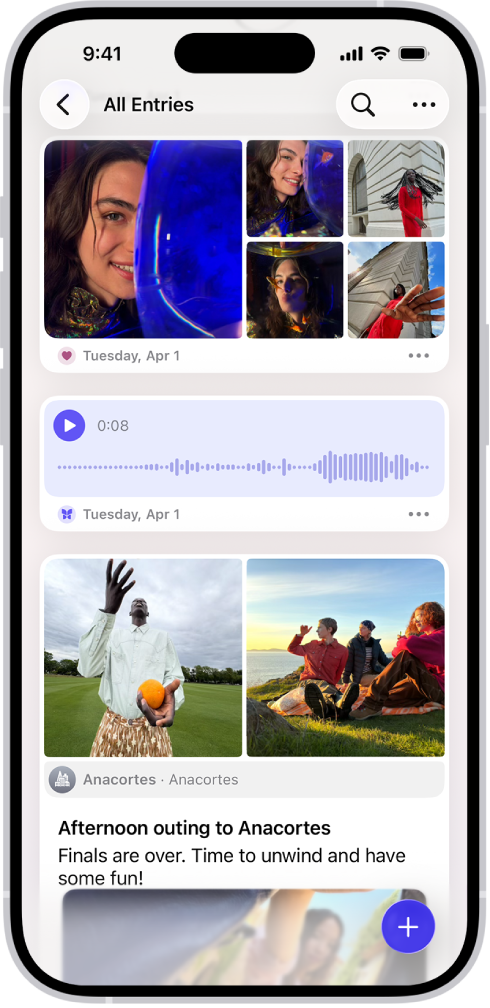 A Napló app egy képernyője naplóbejegyzésekkel, és a jobb felső részen található Keresés gombbal.