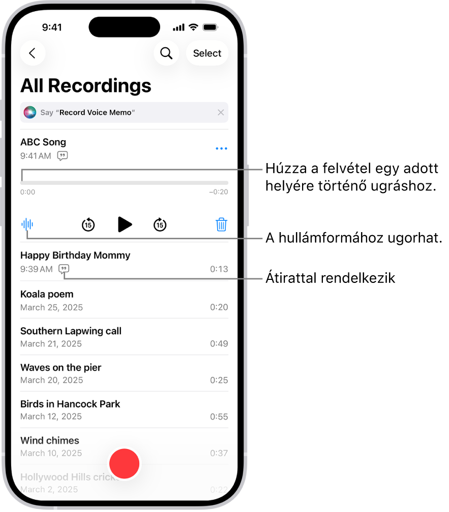 A hangjegyzetek listájának képernyője, amelynek tetején ki van jelölve egy felvétel. A felvételi idővonalon egy lejátszófej látható, amely elhúzásával a felvétel egy adott részéhez ugorhat. A lejátszási vezérlők az idővonal alatt találhatók.
