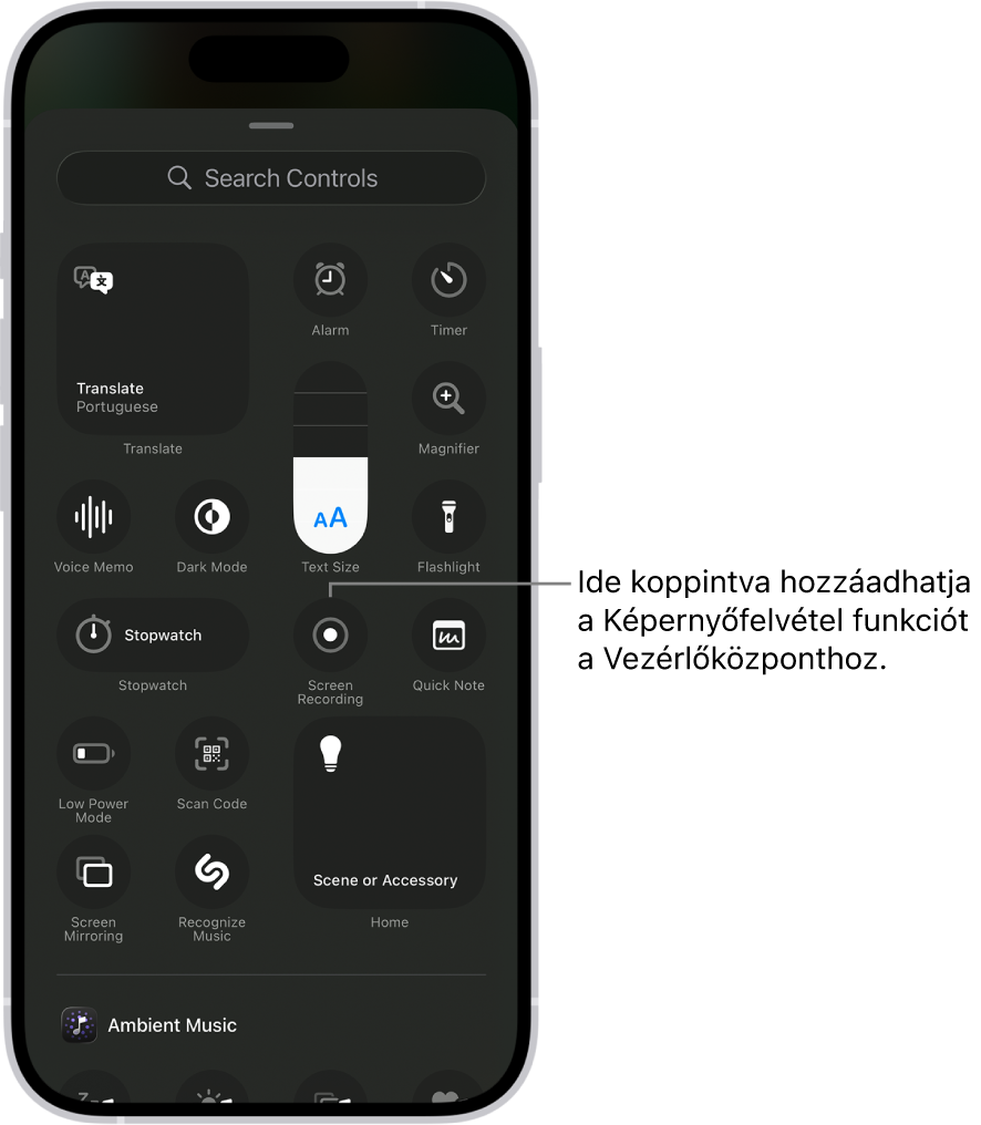 A Vezérlőközponthoz hozzáadható vezérlők képernyőn. A Képernyőfotó vezérlő a közepén található.