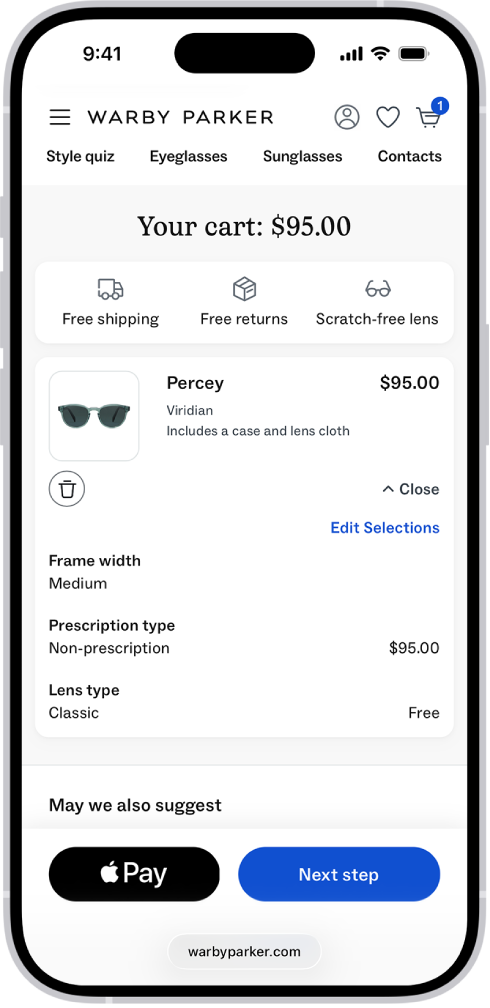 Keranjang belanja app yang menampilkan harga item yang dipilih. Tombol Apple Pay ada di kiri bawah.