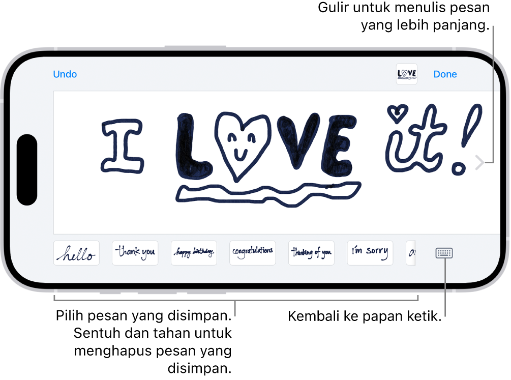 Kanvas untuk membuat pesan tulisan tangan. Di sepanjang bagian bawah, dari kiri ke kanan, terdapat item tulisan tangan yang disimpan dan tombol Papan Ketik.