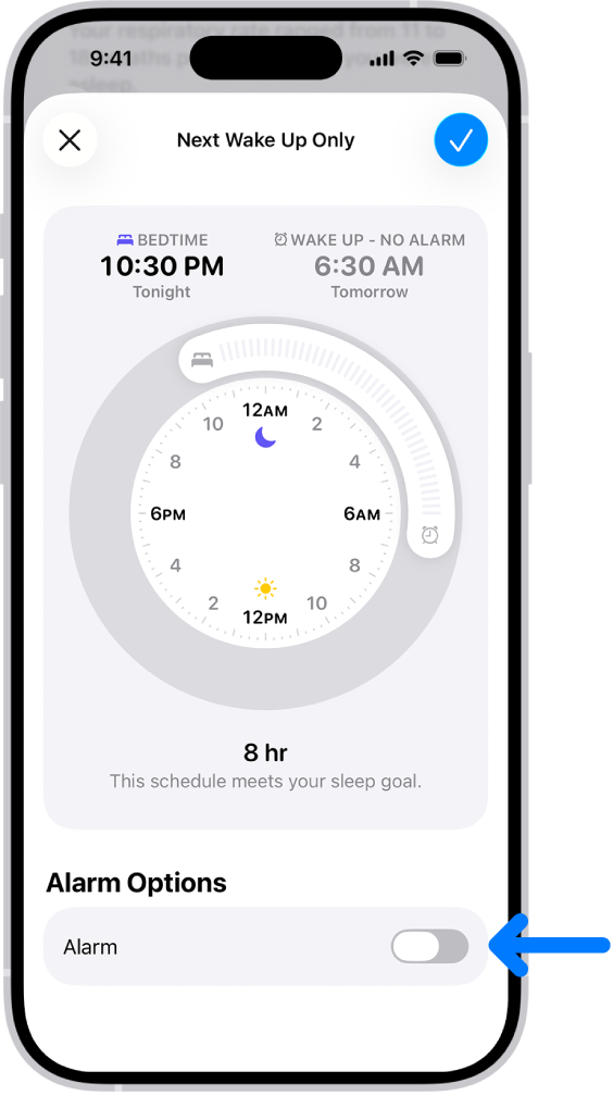 Layar Hanya Jadwal Bangun Berikutnya di Kesehatan dengan Alarm dimatikan di bagian bawah.