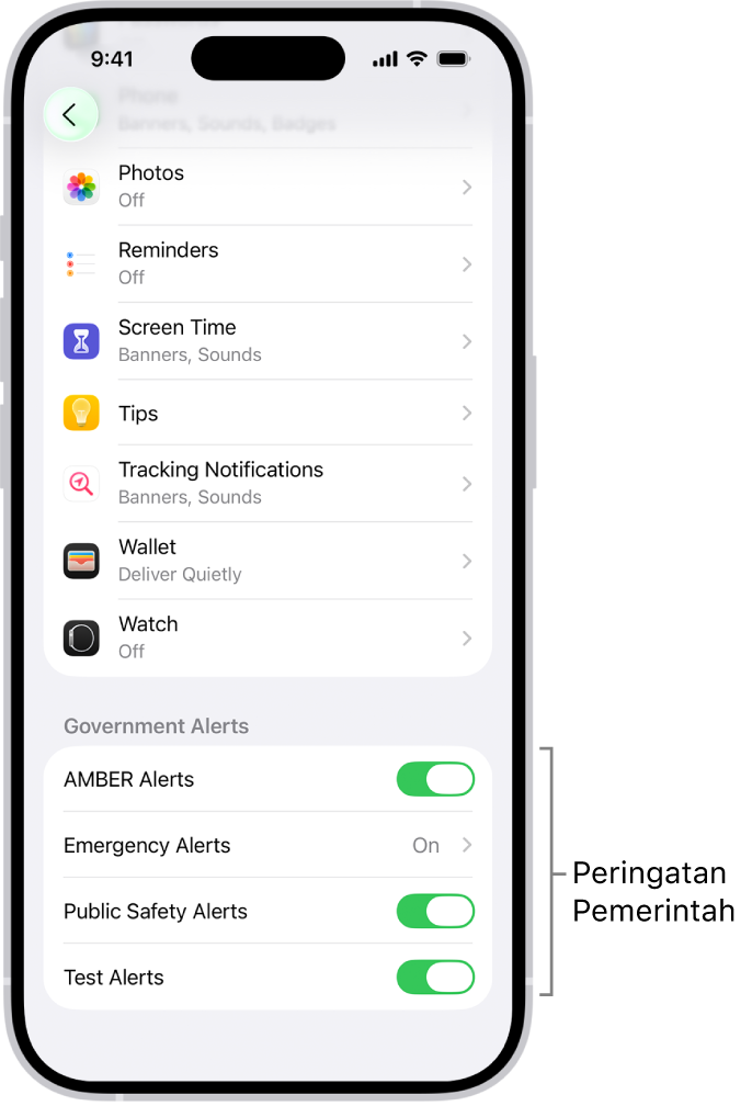 Layar Pemberitahuan, menampilkan Peringatan Pemerintah yang dapat Anda nyalakan untuk menerima peringatan pemerintah.