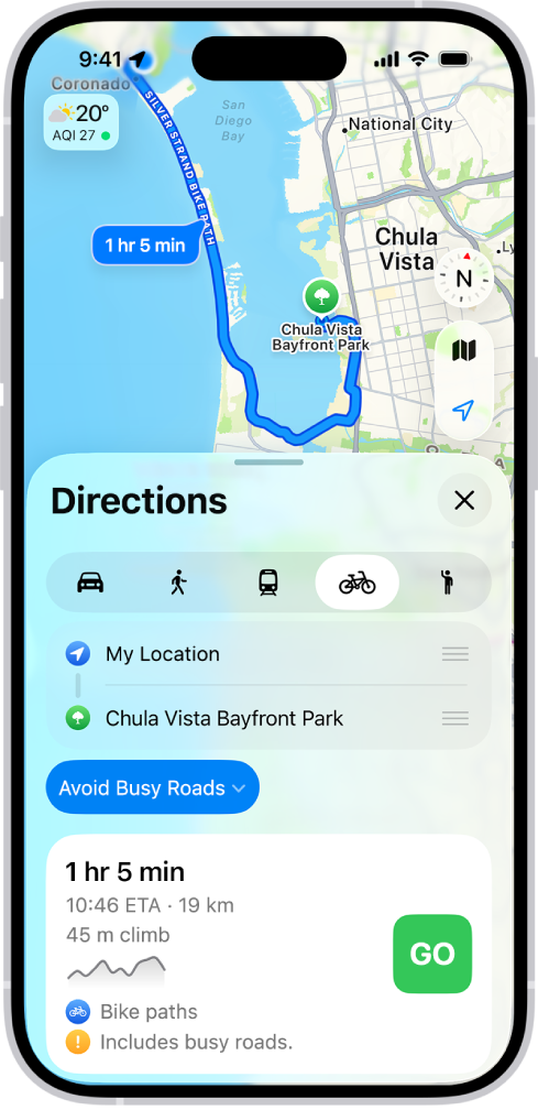 Peta menampilkan pilihan rute bersepeda. Kartu rute di bagian bawah menyediakan detail, termasuk perkiraan waktu perjalanan, perubahan elevasi, dan jenis jalan. Tombol Mulai muncul di sebelah kanan detail.
