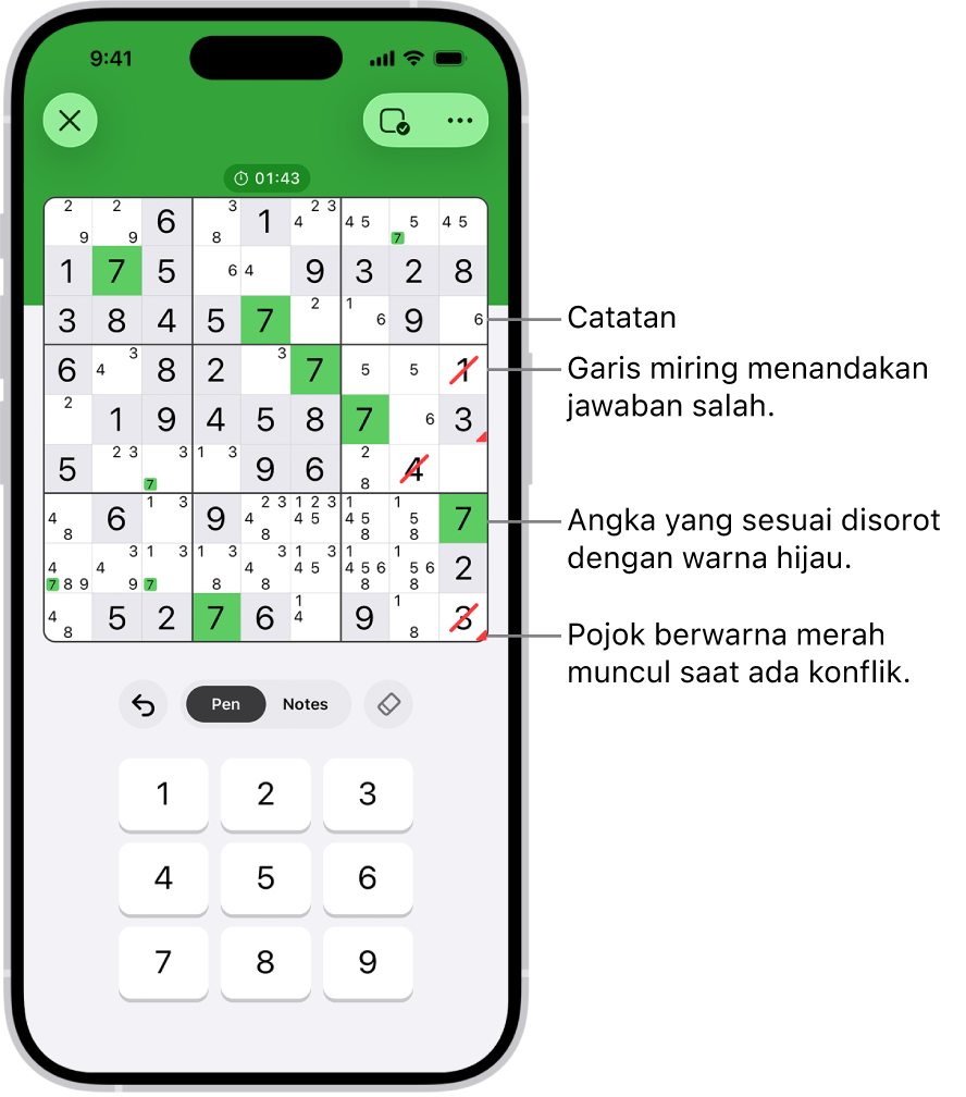 Puzzle sudoku dengan beberapa fitur yang dinyalakan: Notes, Highlight Matching Numbers, Show Conflicts, dan Autocheck.