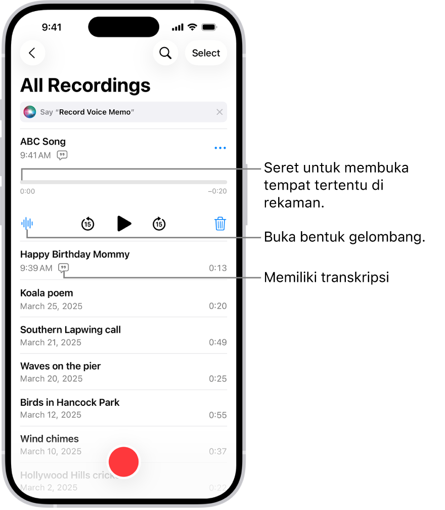 Layar daftar Memo Suara dengan rekaman yang dipilih di bagian atas. Garis waktu rekaman memiliki playhead, yang dapat Anda seret untuk pindah ke tempat tertentu di rekaman. Kontrol putar berada di bawah garis waktu.