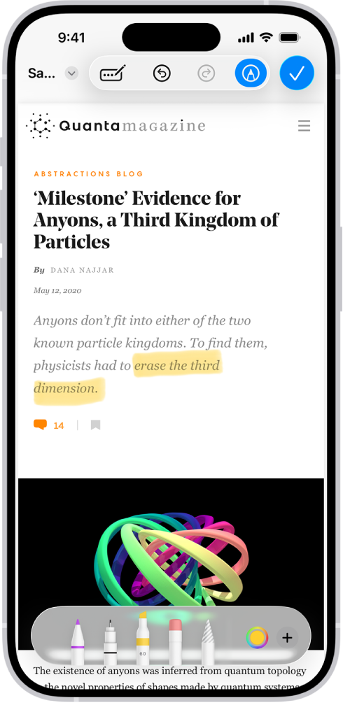 Il PDF di una pagina web viene annotato con gli strumenti dell’opzione Annota, i quali sono visibili in basso, sullo schermo. Sulla pagina web è evidenziata una selezione.