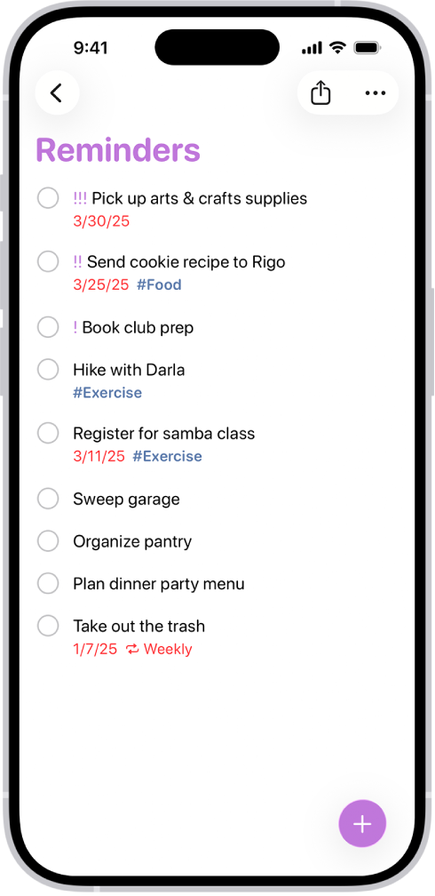 L’app Promemoria che mostra una nuova attività che viene aggiunta all’elenco di promemoria.