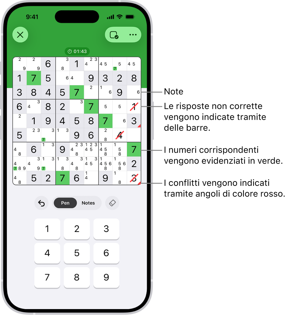 Un sudoku con varie funzionalità attive: Notes, “Highlight Matching Numbers”, “Show Conflicts” e Autocheck.