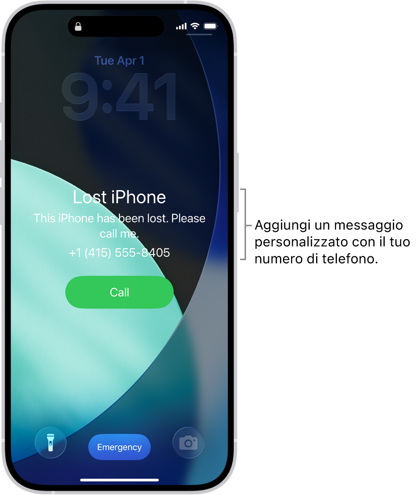 La schermata di blocco di un iPhone con il messaggio che iPhone è stato smarrito Puoi aggiungere un messaggio personalizzato insieme al numero di telefono.