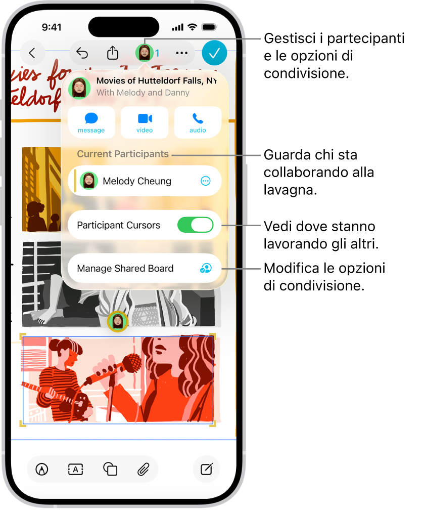 Una lavagna Freeform condivisa su iPhone con il menu Collaborazione visibile.