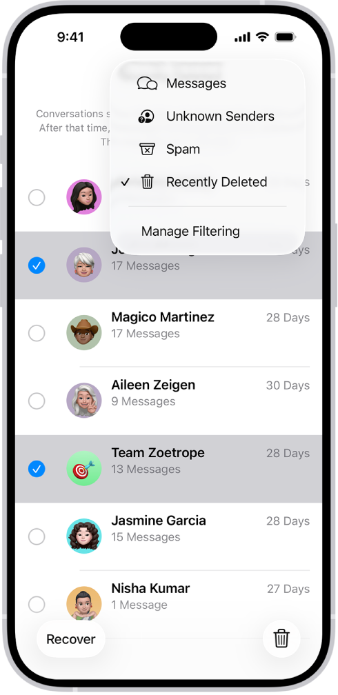 Un elenco di messaggi eliminati di recente con due conversazioni selezionate, e due opzioni disponibili nella parte inferiore della schermata: Recupera ed “Elimina in modo permanente”.