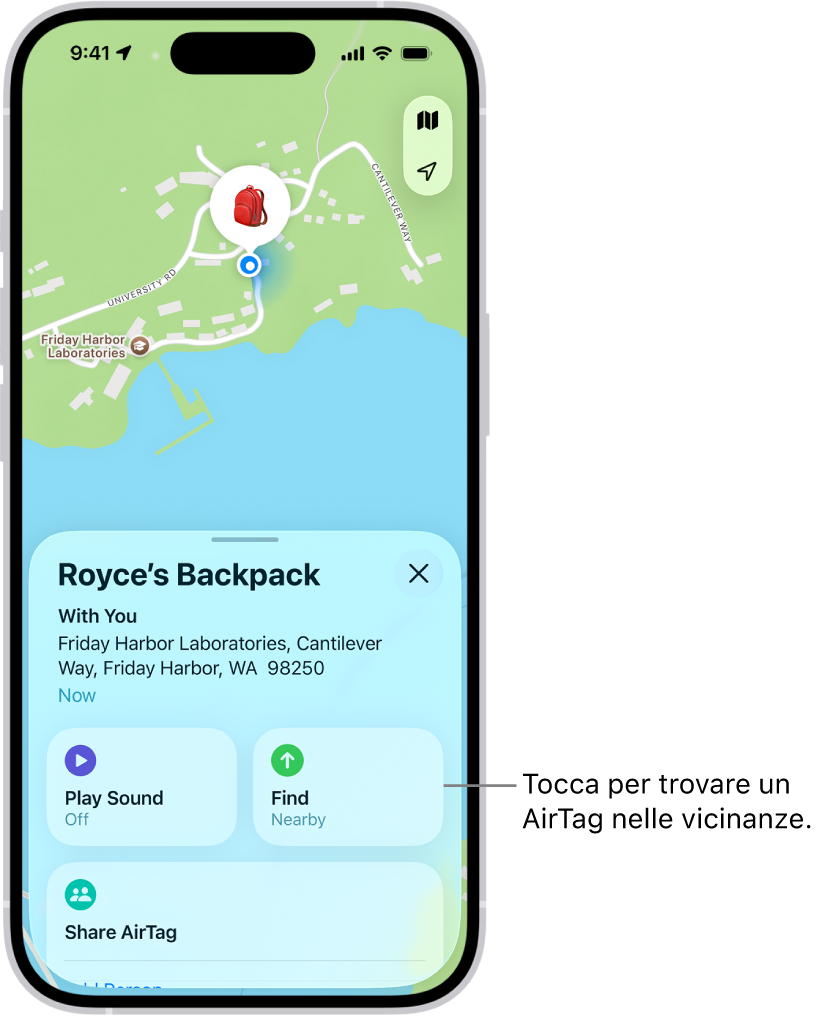 L’app Dov’è aperta, che mostra le chiavi di Daniele al Golden Gate Park. Tocca il pulsante Trova per individuare la posizione di un AirTag vicino.