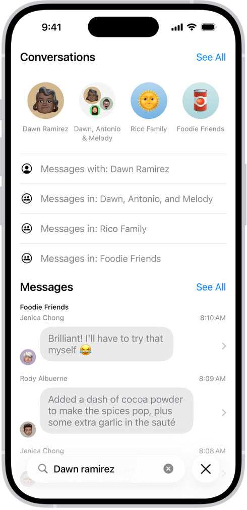 Il campo di ricerca nell’app Messaggi è in fondo alla schermata. Il campo di ricerca contiene il nome della persona e diverse opzioni corrispondenti alla ricerca vengono visualizzati sopra di esso.
