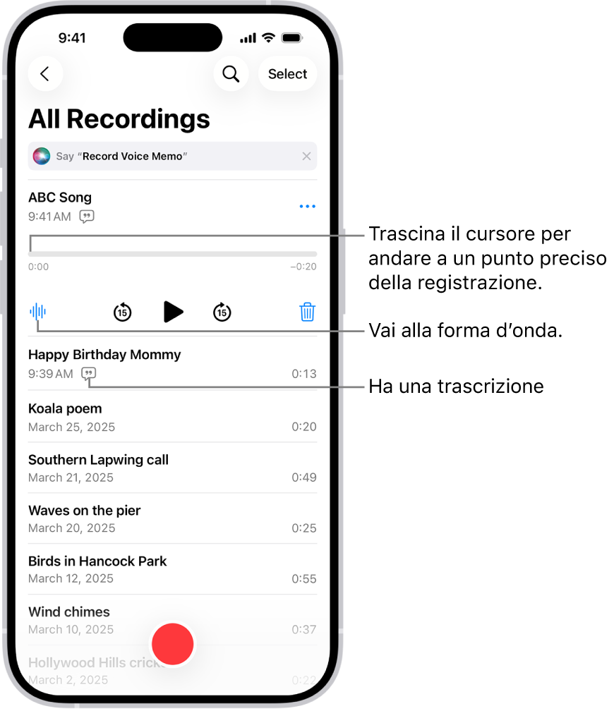 La schermata elenco di Memo Vocali con una registrazione selezionata nella parte superiore. La timeline di registrazione ha una testina di riproduzione che puoi trascinare per andare a un punto specifico della registrazione. Sotto la timeline sono presenti i controlli di riproduzione.