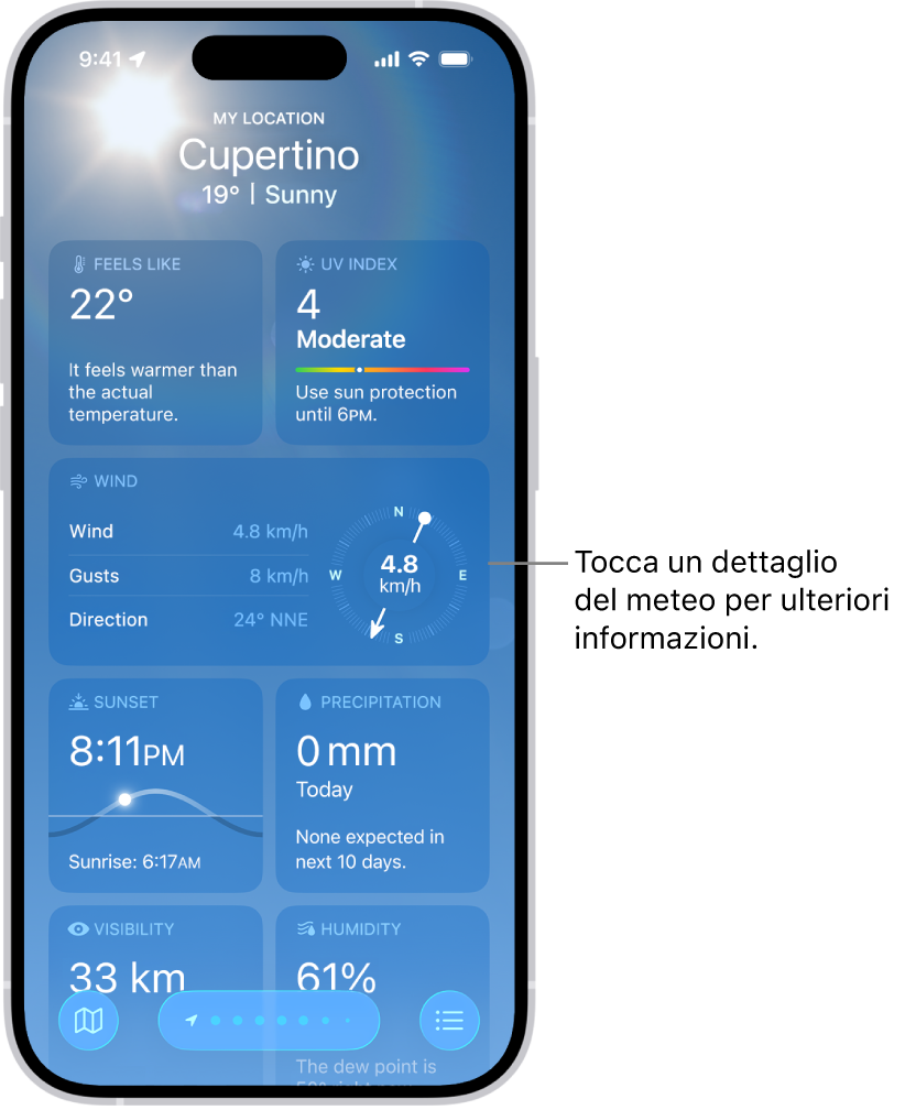 L’app Meteo che mostra la posizione attuale in alto e, sotto di essa, la temperatura e le condizioni meteo attuali. Il resto della schermata include ulteriori dettagli sul meteo, tra cui l’indice UV e dati sul vento e sulle precipitazioni.
