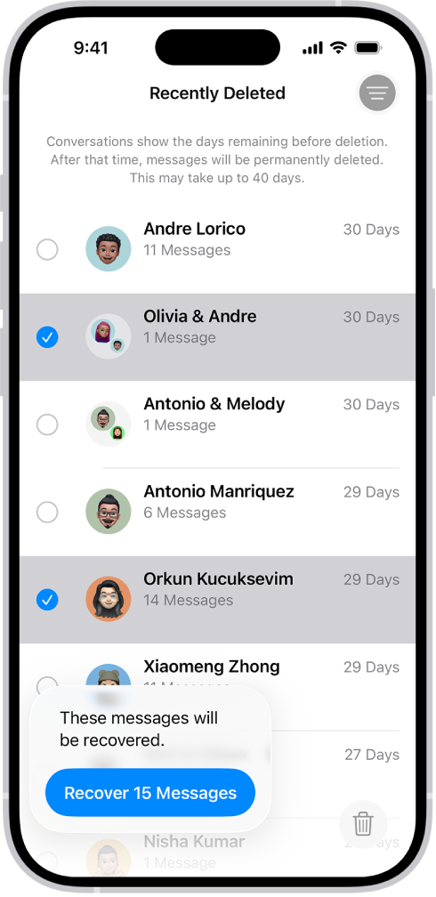 L’azione di recupero di tutti i messaggi eliminati all’interno di due conversazioni.
