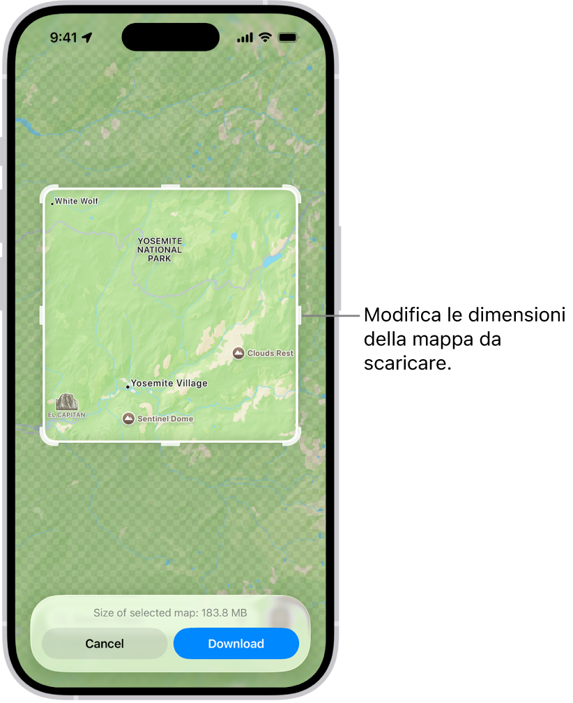 La mappa di un parco nazionale. Il parco è incorniciata all’interno di un rettangolo con delle maniglie, che possono essere spostate per modificare le dimensioni della mappa da scaricare. Le dimensioni del download della mappa selezionata sono indicate nella parte inferiore della mappa. Nella parte inferiore dello schermo sono presenti i pulsanti Annulla e Download.
