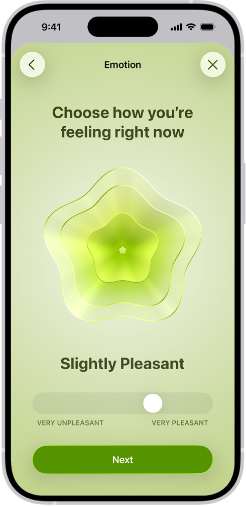 Una schermata nell’app Salute che identifica l’umore attuale come “Leggermente piacevole”. Nella parte inferiore dello schermo è presente un cursore per regolare il livello dell’emozione.