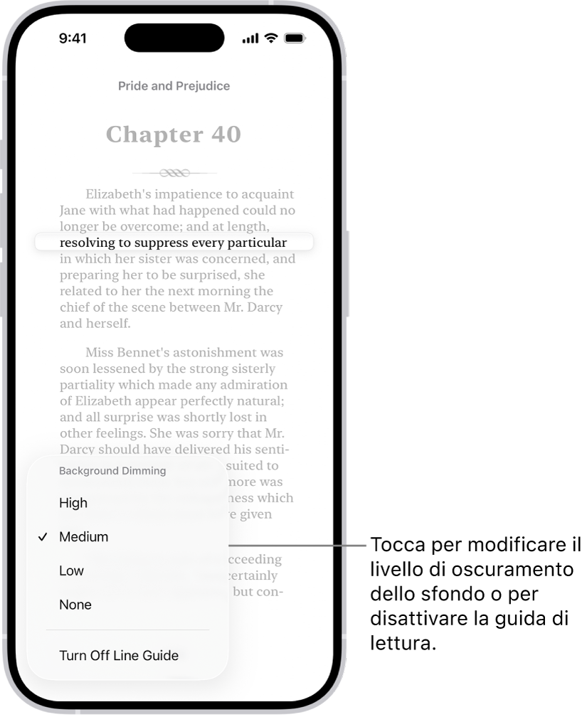 La pagina di un libro nell’app Libri. Una singola riga di testo è evidenziata e il resto del testo è oscurato. Nell’angolo in basso a sinistra della schermata si trova il pulsante “Menu ‘Guida di lettura’”.