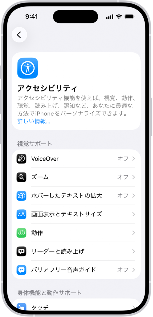 視覚サポート用の組み込み機能が表示された「設定」の「アクセシビリティ」画面。