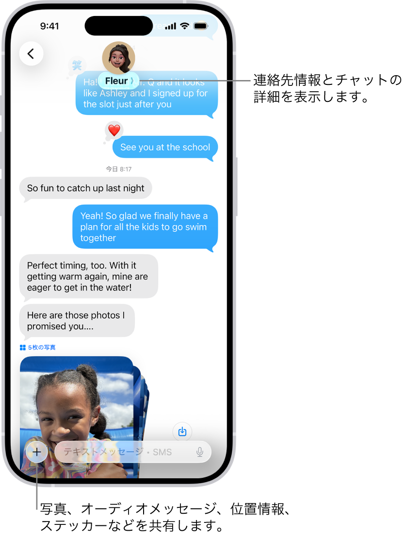 「メッセージ」のチャット。メッセージを送信する相手の名前が画面上部に表示されています。名前をタップすると、チャットの詳細が表示されます。左下隅には「追加」ボタンがあります。