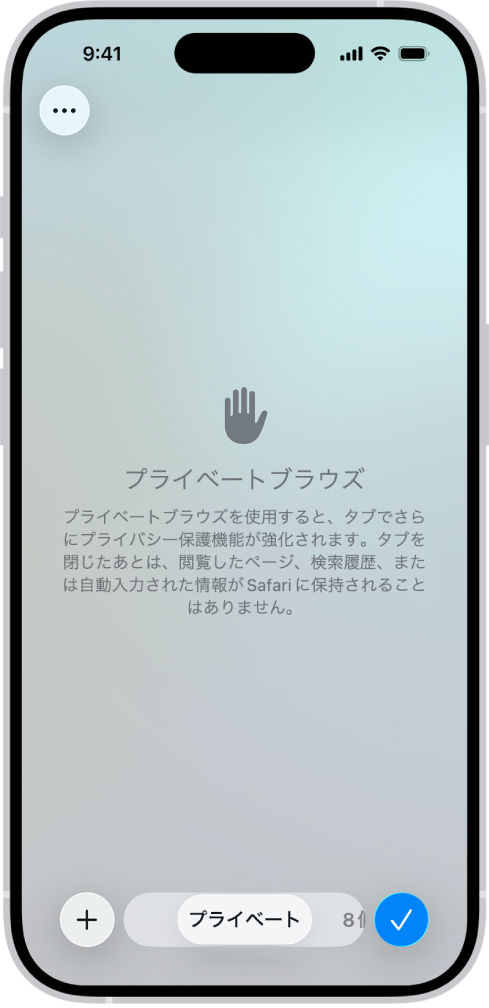 Safariアプリのプライベートブラウズ画面。画面下部のフィールドに「プライベート」と表示されています。