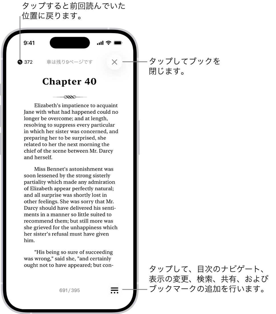 ブックアプリのブックのページ。画面の上部には、読み始めのページに戻るためのボタンとブックを閉じるためのボタンがあります。画面の右下にはメニューボタンがあります。