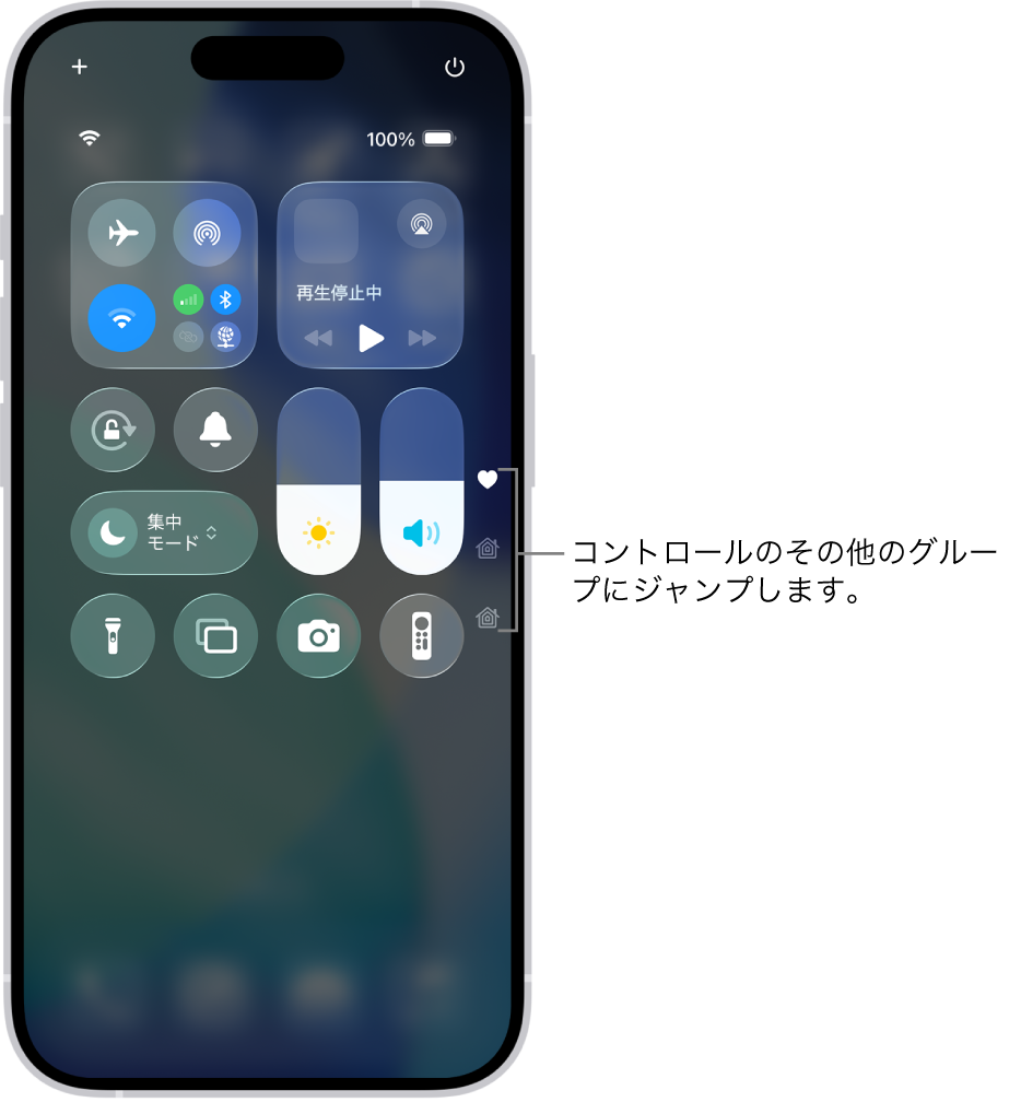 iPhoneの画面で開いているコントロールセンター。右側にほかのグループのコントロールを開くためのアイコンがあります。