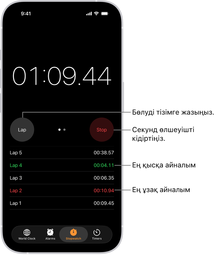 «Сағат» қолданбасындағы секундомер оқиғада өткен жалпы уақытты көрсетеді және оның астында сол оқиғаның ішінде тізімделген бірнеше айналым бар.
