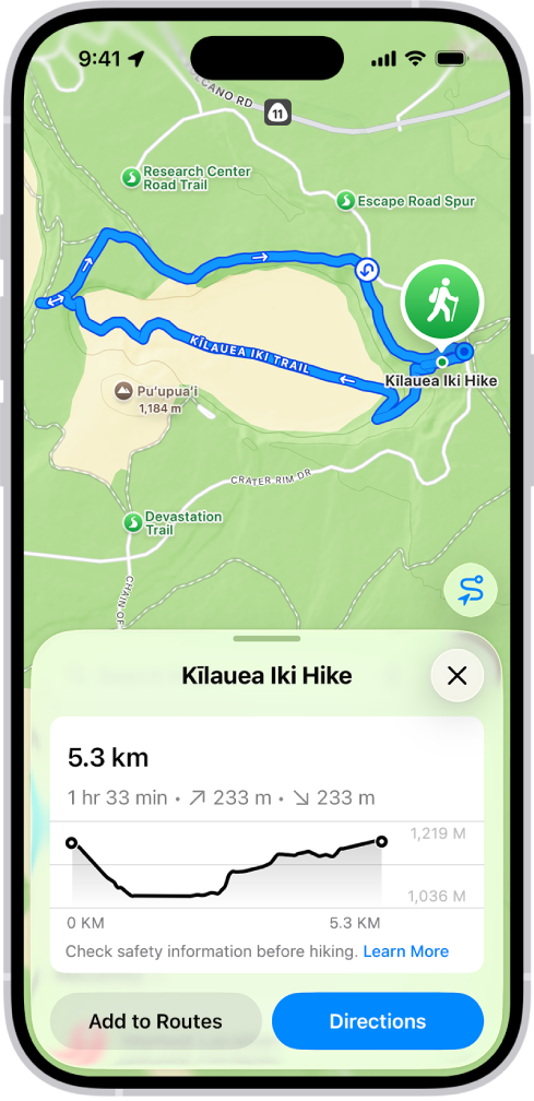 ಡೌನ್ಲೋಡ್ ಮಾಡಬಹುದಾದ ಹೈಕ್ನ ಅವಲೋಕನ ಇದೆ. ಇದರೊಂದಿಗೆ ದೂರ, ಸಮುದ್ರ ಮಟ್ಟದ ಮೇಲಿನ ಎತ್ತರದ ವಿವರಗಳು, ಅಂದಾಜು ಸಮಯ ಮತ್ತು ಸೇವ್ ಮಾಡುವ ಅಥವಾ ಹೈಕ್ನ ಆರಂಭಿಕ ಬಿಂದುವಿಗೆ ಹೋಗುವ ಮಾರ್ಗ ನಿರ್ದೇಶನಗಳನ್ನು ಪಡೆಯುವ ಆಯ್ಕೆಗಳಿವೆ.