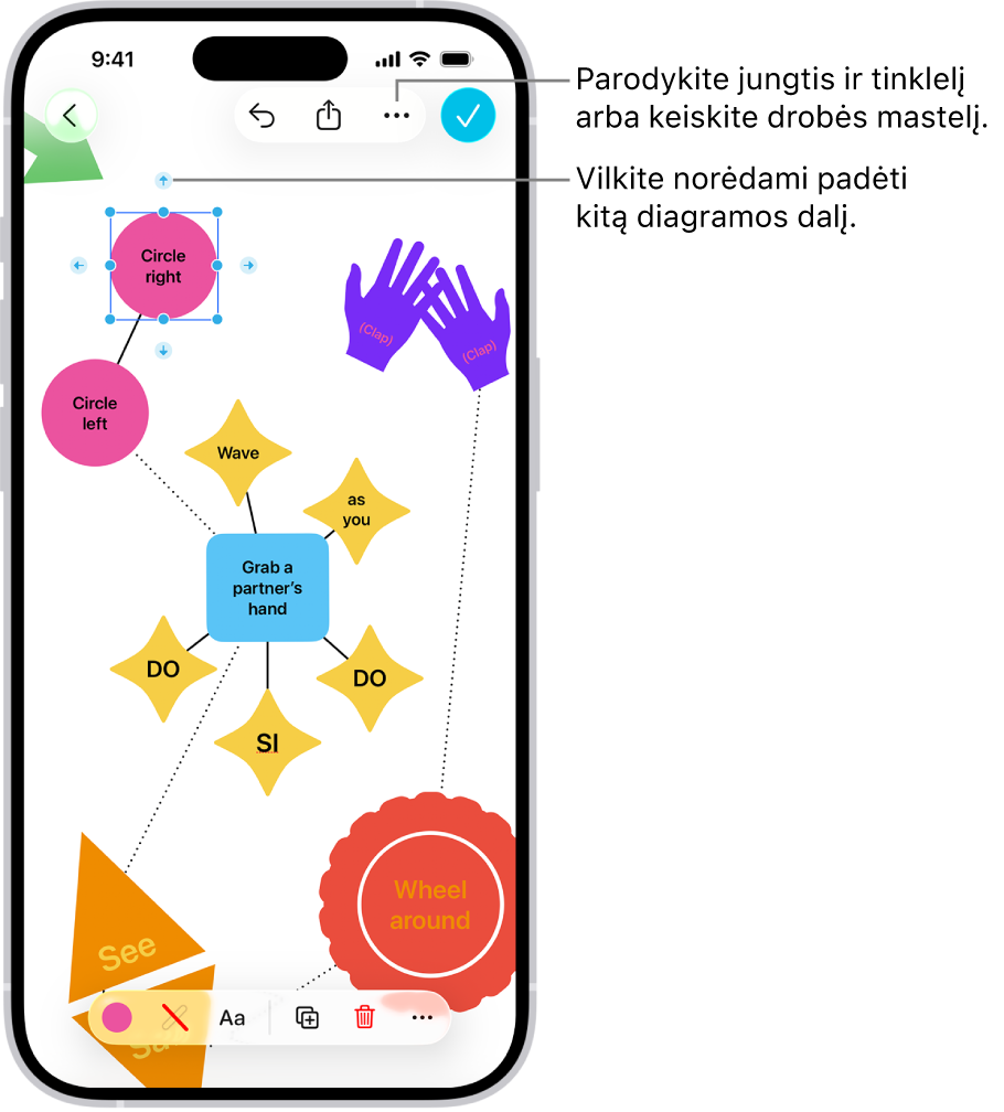 Diagrama „Freeform“ lentoje su jungtimis, rodomomis pasirinktoje formoje, o formos formatavimo įrankiai matomi ekrano apačioje.