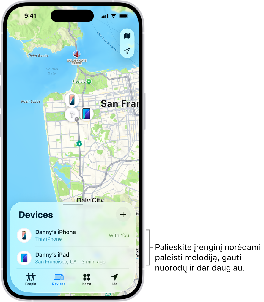 „Lokatorius“ ekranas, atidarytas sąrašas „Įrenginiai“. Sąraše „Įrenginiai“ rodomi du įrenginiai: „Danny’s iPhone“ ir „Danny’s iPad“. Jų buvimo vietos parodytos žemėlapyje.