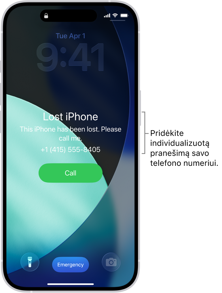 „iPhone“ užrakintas ekranas su prarasto „iPhone“ pranešimu. Galite įvesti pasirinktinį pranešimą su savo telefono numeriu.