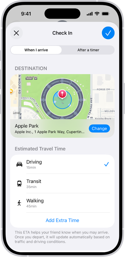 Check In, kur redzama karte un lēstie braukšanas laiki vienumiem Driving, Transit un Walking. Apakšā ir poga Add Extra Time.