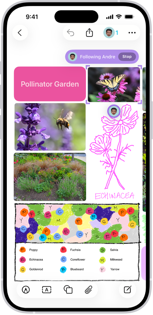 iPhone tālrunis ar atvērtu lietotni Freeform. Panelis ietver tekstu brīvā formā, tekstu, zīmējumus, figūras, fotoattēlus, video, līmlapiņas, saites un citus failus.