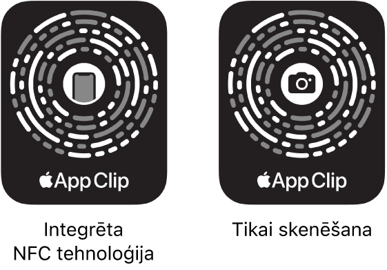Pa kreisi ir redzams NFC integrēts App Clip Code kods ar iPhone tālruņa ikonu centrā. Pa labi ir redzams tikai skenējams App Clip Code kods ar kameras ikonu centrā.