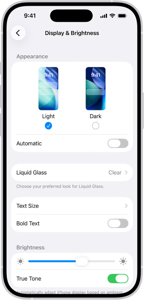 Ekrāns Display and Brightness lietotnē Settings.