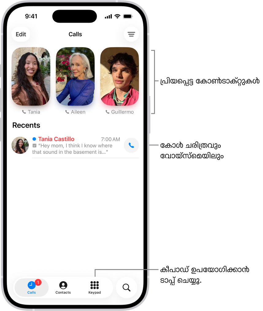 ഏകീകൃത ലേഔട്ടിലെ ഫോൺ ആപ്പിലെ ‘കോളുകൾ’ ടാബ്. പ്രിയപ്പെട്ട കോൺടാക്റ്റുകൾ മുകളിൽ ദൃശ്യമാകും. ‘പ്രിയപ്പെട്ടവ’ക്ക് താഴെയായി അടുത്തിടെയുള്ള കോളുകളുടെയും വോയ്സ്മെയിലുകളുടെയും ലിസ്റ്റ് ഉണ്ട്. കോളുകൾ, കോൺടാക്റ്റ്സ്, കീപാഡ് ടാബുകൾ എന്നിവ കാണാനുള്ള ബട്ടണുകൾ താഴെ ദൃശ്യമാകും. താഴെ വലത് കോണിലാണ് തിരയൽ ബട്ടൺ.