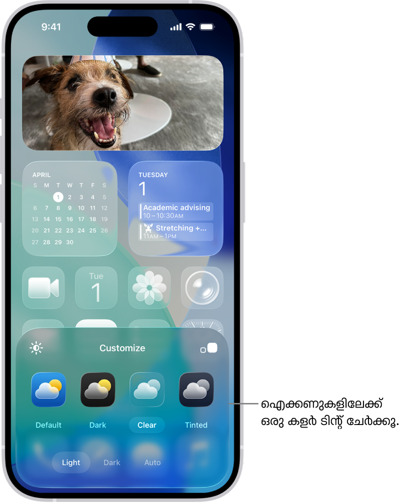 ഫോട്ടോ ഫ്രെയിം ചെയ്യുന്നതിനായി നീല നിറത്തിൽ ക്രമീകരിച്ചിരിക്കുന്ന ഇഷ്ടാനുസൃതമാക്കിയ ഹോം സ്ക്രീൻ ക്ലിയർ ഐക്കണുകളും, ഐക്കണുകൾ ഇഷ്ടാനുസൃതമാക്കാൻ സ്ക്രീനിന്റെ ചുവടെയുള്ള കൺട്രോളുകളും. ഓപ്ഷനുകളിൽ ഓട്ടോമാറ്റിക്, ഡാർക്ക്, ലൈറ്റ്, ടിന്റഡ് ബട്ടണുകൾ, നിറവും സച്ചുറേഷനും തിരഞ്ഞെടുക്കാനുള്ള ഓപ്ഷനുകൾ, ഐക്കണിന്റെ വലിപ്പം ക്രമീകരിക്കാനുള്ള ചെറിയതും വലിയതുമായ ബട്ടണുകൾ എന്നിവ ഉൾപ്പെടുന്നു.