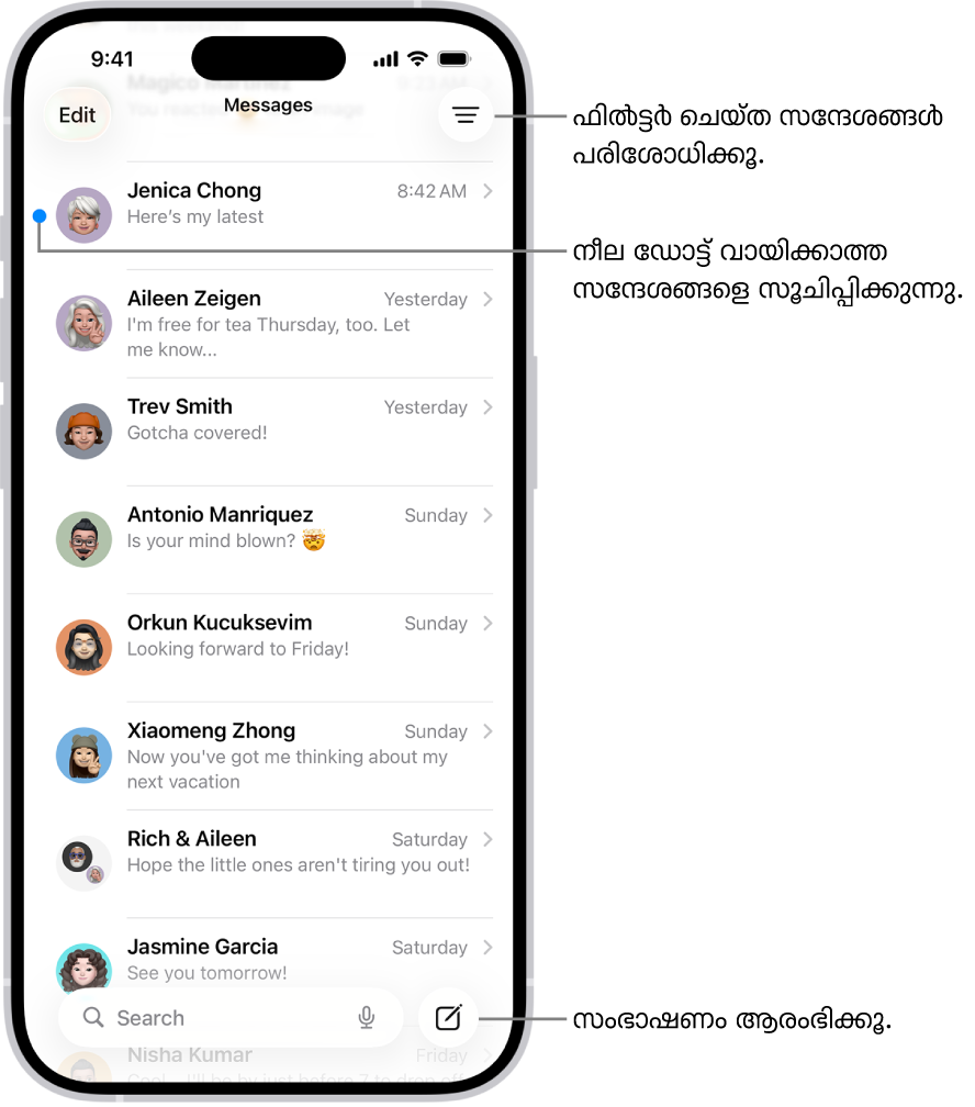 താഴെ വലതുവശത്ത് ‘എഴുതൂ’ ബട്ടൺ ഉള്ള ‘സന്ദേശങ്ങളി’ലെ സംഭാഷണ ലിസ്റ്റ്. ഒരു സന്ദേശത്തിന്റെ ഇടതുവശത്തുള്ള നീല ഡോട്ട്, അത് വായിക്കാത്തതാണെന്ന് സൂചിപ്പിക്കുന്നു.