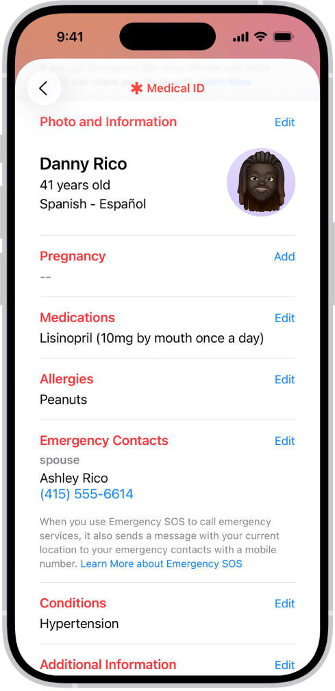 वैद्यकीय ID स्क्रीन ज्यामध्ये जन्मदिनांक, औषधे, ॲलर्जी, आपत्कालीन संपर्क आणि वैद्यकीय स्थिती ह्यासारख्या माहितीचा समावेश असतो.