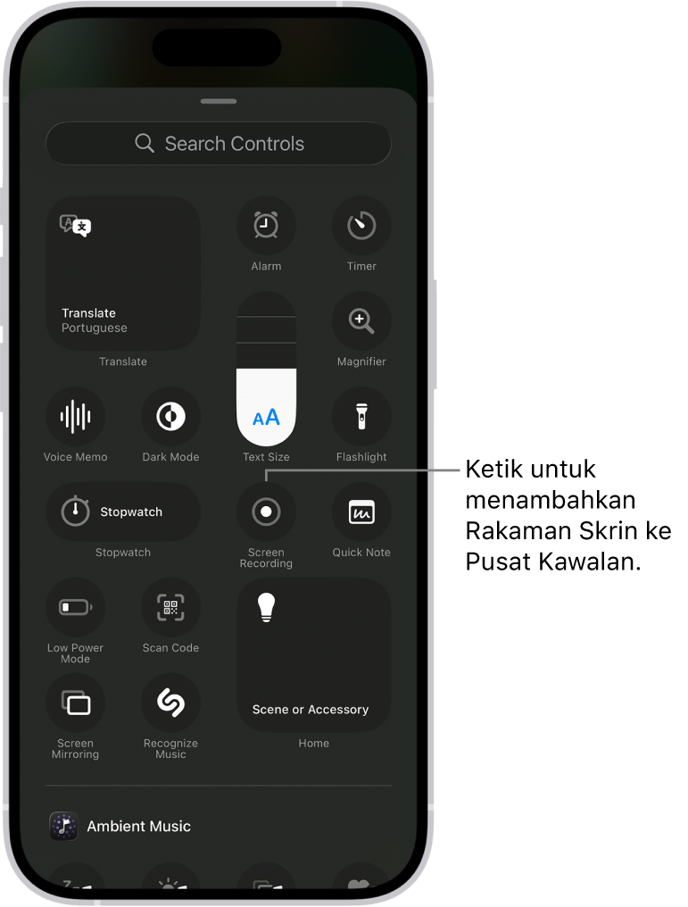 Skrin menunjukkan kawalan yang anda boleh tambah ke Pusat Kawalan. Kawalan Rakaman Skrin berada berdekatan bahagian tengah.