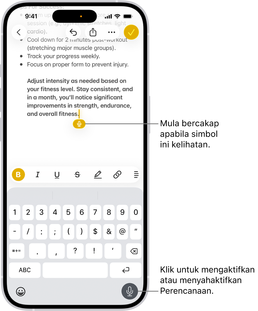 Papan kekunci atas skrin terbuka dalam app Mail. Butang Perencanaan yang berada di penjuru kanan bawah skrin dipilih dan butang Perencanaan kelihatan di bawah titik sisipan dalam medan teks.