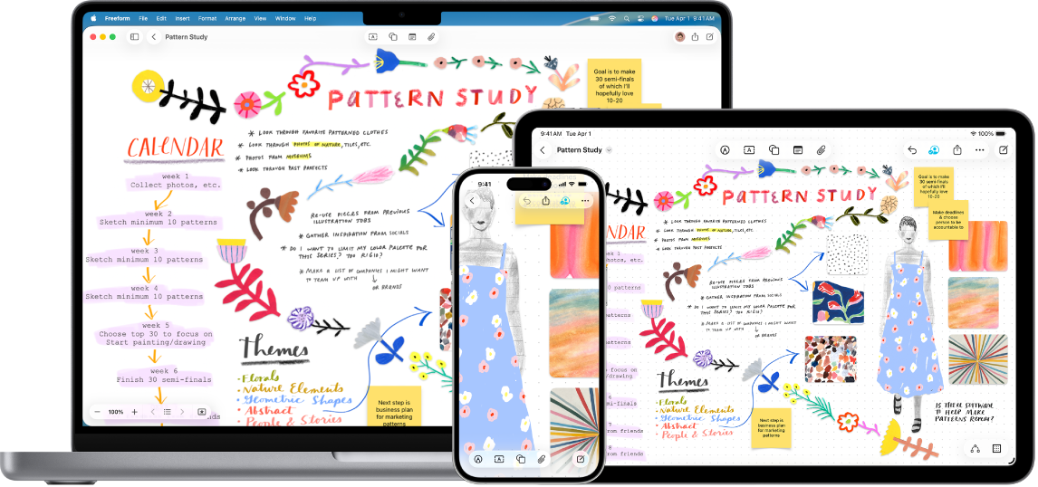 တူညီသော Freeform ဘုတ်ပြား ဖွင့်ထားသော Mac၊ iPad နှင့် iPhone တစ်လုံး။