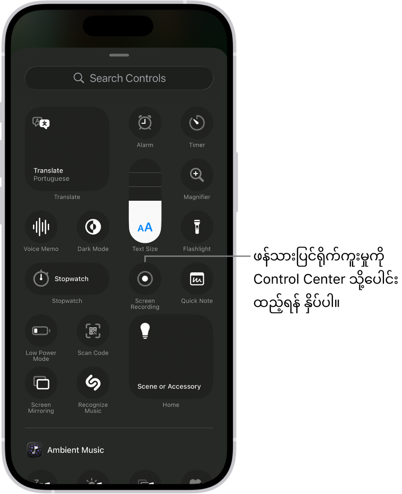 Control Center သို့ သင် ပေါင်းထည့်နိုင်သည့် ထိန်းချုပ်ခလုတ်များကို ပြသထားသည့် ဖန်သားပြင်တစ်ခု။ Screen Recording ထိန်းချုပ်ခလုတ်သည် အလယ်အနားတွင်ရှိသည်။