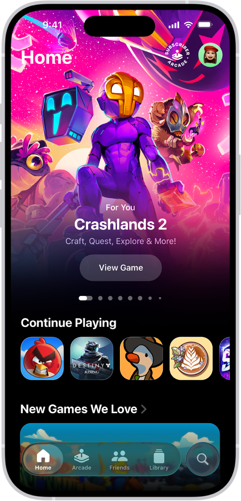 De Apple Games-app met het tabblad 'Home', met een speciaal evenement, games die je verder kunt spelen en nieuwe releases.